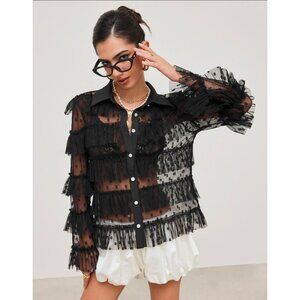 Black Mesh Floral Ruffle Layered See-Through Long Sleeve Button-Up Shirt